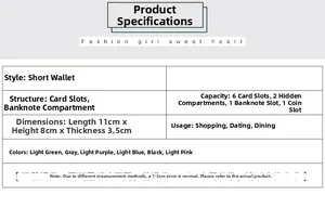 Short wallet dimensions 11x8x3.5cm featuring multiple card slots and storage capacity