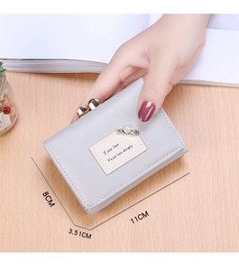 Short grey tri-fold wallet with pearl pin decor, size 11cm x 8cm x 3.51cm detail