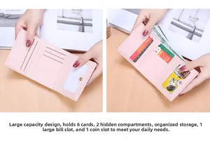 Detailed interior of pink trifold wallet showing 6 card slots and currency pocket
