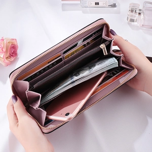 Pink purple long zipper wallet with multi-functional card slots and phone compartment