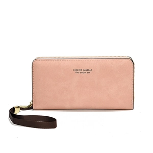 Pink minimalist long wallet for women with matte faux leather and metal zipper closure