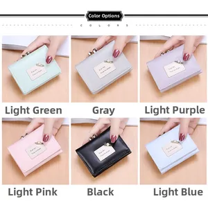 Collage showing six macaron colors of women's tri-fold wallets with pearl and metal details
