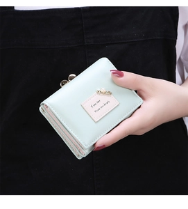 Detail of mint green short wallet with pearl pin decor and gold clasp closure