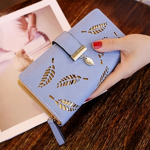 Portefeuille Long Pour Femme En Cuir PU Design Feuille Évidée Pochette À Main Fermeture Éclair Boucle Élégant