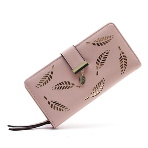 Portefeuille long rose en cuir PU pour femme avec motif feuilles ajourées et pendentif
