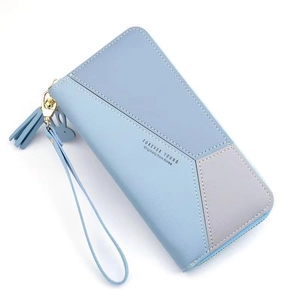Women's long patchwork wallet in light blue and grey with tassel and rabbit charm