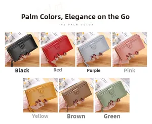 Detailed grid of long leather zip wallets in multiple colors with wrist straps and textures