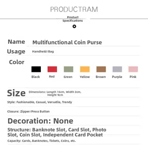 Detailed size chart and internal features of the multi-functional women's wristlet wallet