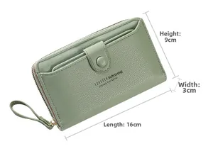 Detail view of green long wallet showing dimensions 16cm x 9cm x 3cm with wrist strap