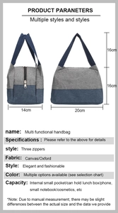 Detailansicht der Canvas-Handtasche mit Fächern, Maßen und Informationen zur Kapazität