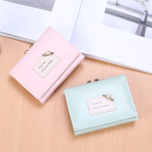 Minimalist faux leather trifold short wallets for women in pink and green colors