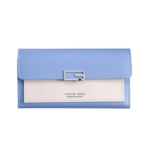Dreifach gefaltete lange Damen Geldbörse in Hellblau und Beige mit Ledertextur und Schnalle