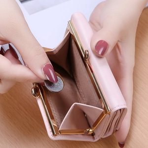 Pink minimalist short three-fold wallet for women with golden metal buckle clasp