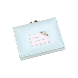 Light blue faux leather trifold wallet for women with pearl pin and snap button