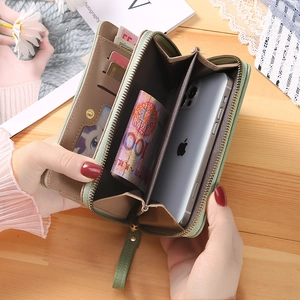 Green leather long wallet clutch for women with multiple card slots and phone compartment