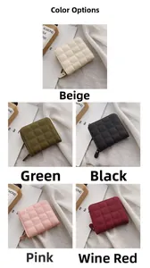 Detailed color display of mini quilted PU leather wallets in beige, green, and pink