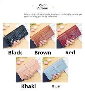 Detailed view of long PU leather wallets in five colors with stone pattern and card slots