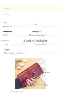 Detail view of red crocodile pattern long wallet with 12 card slots and zip pocket