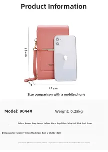 Sac à bandoulière rose pour téléphone avec écran tactile et dimensions détaillées