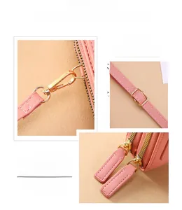 Détails du sac de téléphone en cuir rose avec quincaillerie dorée brillante et coutures