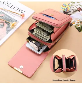 Petit sac bandoulière rose en cuir PU avec double fermeture éclair et porte-cartes