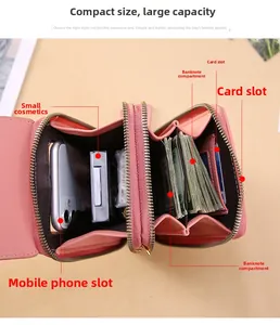 Détail du sac de téléphone rose montrant les fentes pour cartes et compartiments internes