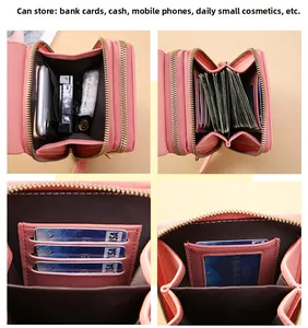 Vue détaillée du petit sac bandoulière rose avec double fermeture éclair et porte-cartes