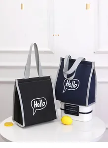 Detail of portable insulated lunch bags with Hello pattern in black and navy colors
