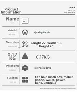 Detailed size specifications for a portable canvas lunch bag measuring 22x13x26cm