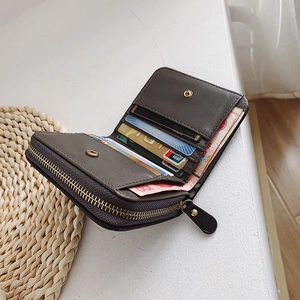 Mini PU leather zip wallet for women featuring multiple card slots and coin pocket