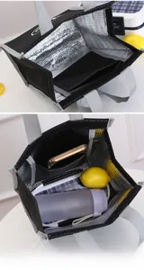 Close-up of insulated lunch bag with thick silver foil lining and large storage capacity