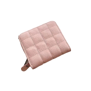 Pink quilted mini wallet for women with zipper closure and soft faux leather texture