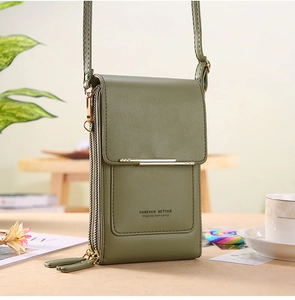 Petit sac bandoulière vert olive pour téléphone avec finitions dorées et double fermeture