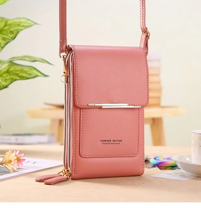 Sac bandoulière rose en cuir PU pour téléphone avec double fermeture éclair et barre métal