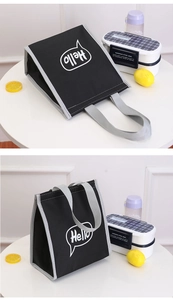 Close-up of a square black and gray canvas insulated lunch bag with Hello print and handles