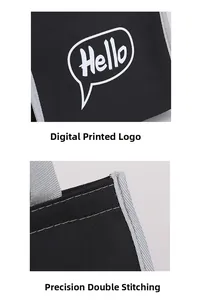 Detail of digital printed logo and reinforced double stitching on thick canvas picnic bag