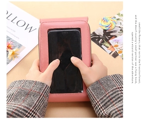 Sacoche de téléphone rose en cuir avec une fenêtre tactile transparente pour écran mobile