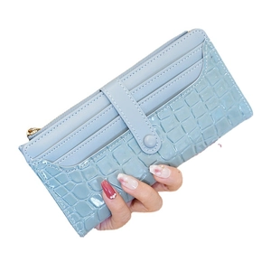 Light blue faux crocodile skin long wallet for women with multiple card slots and zipper