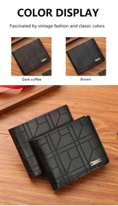 Close-up of brown and dark coffee checkered leather wallets on a vintage wooden desk