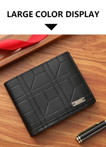 Detail of men's black leather bifold wallet with geometric pattern and metal logo
