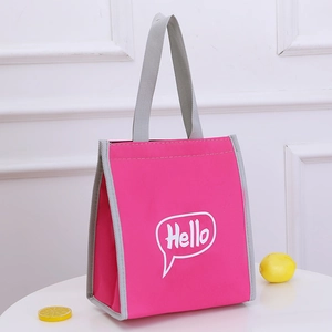 Bright rose red insulated canvas lunch bag with grey straps and Hello text print