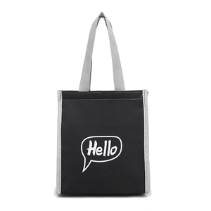 Thickened minimalist black picnic lunch bag with gray handles and Hello speech bubble design