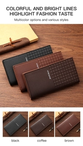 Detailed comparison of long men's wallets in black, coffee, and brown woven textures