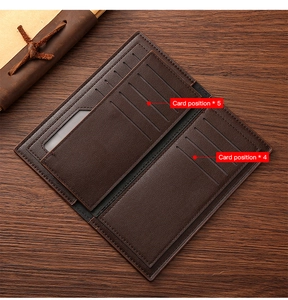 Detail view of brown leather wallet interior showing five card slots and ID window