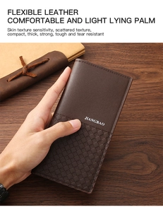 Detail of brown leather long wallet featuring woven texture and smooth finish