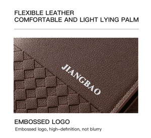 Macro shot of flexible dark brown leather wallet with woven texture and embossed logo