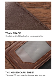 Detail of long men's wallet showing durable stitching and clear plastic card slots