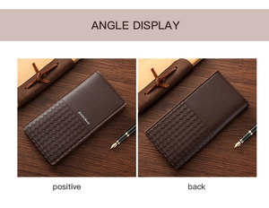 Business style dark coffee leather wallet with woven texture shown from front and back angles