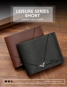 Detail of short leather wallets with white stitching and vintage metal corner accents