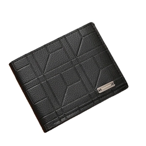 Men's bifold wallet in black litchi grain leather with geometric pattern and metal logo